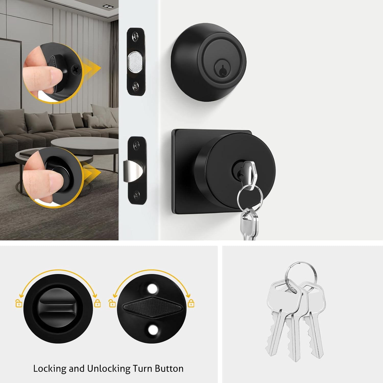 Matte Black Exterior Door Knob with Lock and Key, Keyed-Different Deadbolt Lock and Door Knob Set 3 Pack Set