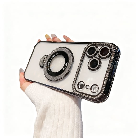 ELEHOLD For iPhone 17 Pro Max Magnetic Case, Plating Bling Glitter Diamond Magnetic Ring Kickstand Protective Case With Full Camera Cover ,Black