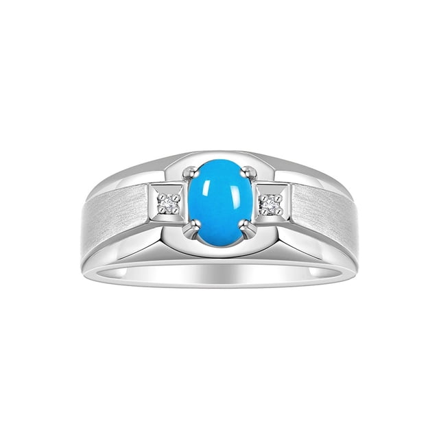 RYLOS Men's Rings Sterling Silver Classic 7X5MM Oval Gemstone & Diamond Ring Turquoise Birthstone Rings For Men, Silver Rings, Size 11