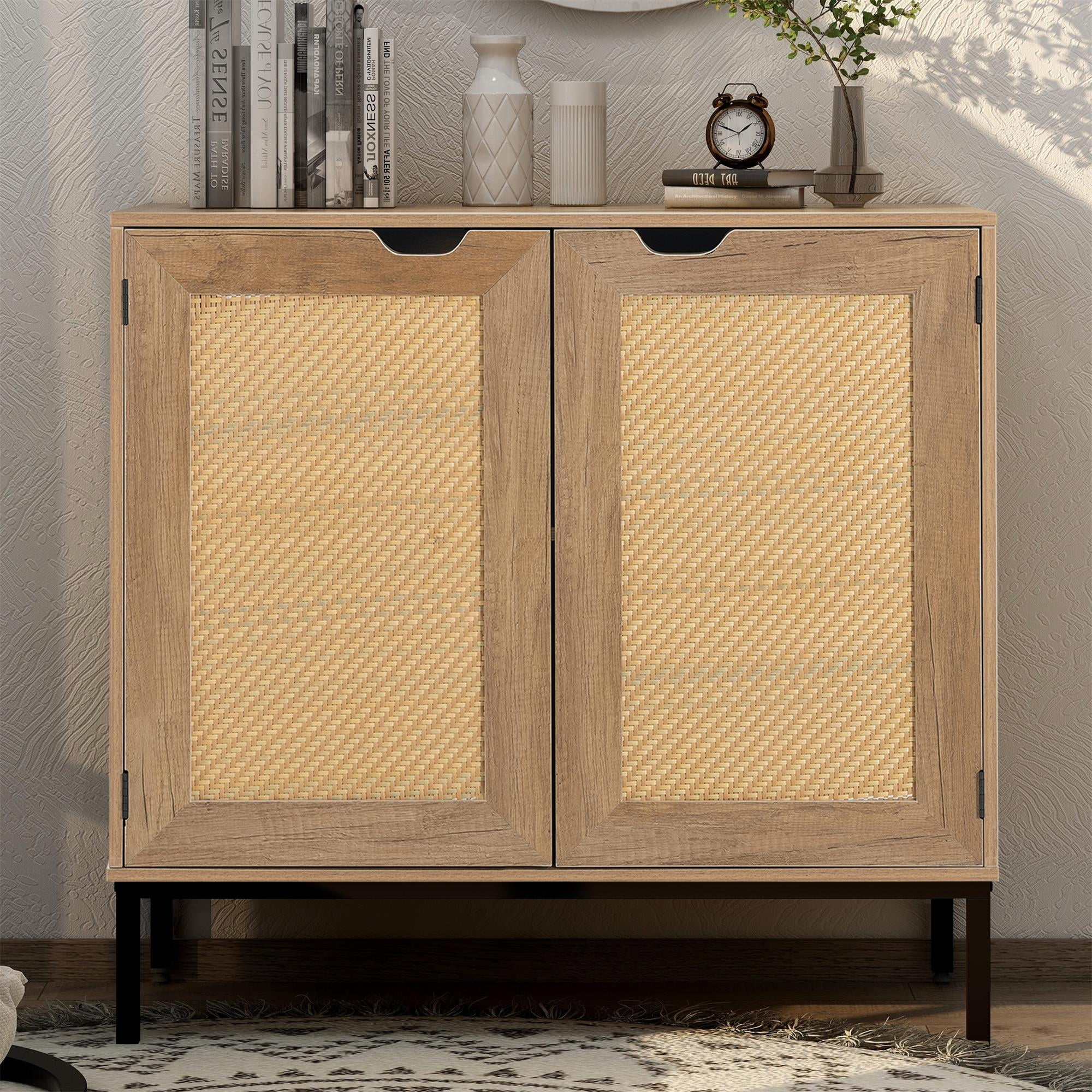Kadyn Rustic Kitchen Storage Cabinet with 2 Rattan Doors, Natural Sideboard Buffet Cabinet for Living Room, Set of 2 Kadyn Rustic Kitchen Storage Cabinet with 2 Rattan Doors, Natural Sideboard Buffet Cabinet for Living Room, Set of 2