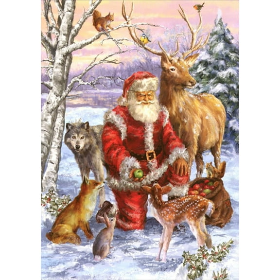 LPG Greetings Santa Kneeling in Snow with Deer, Wolf, Fox and Rabbit Christmas Card (1 card/1 envelope)