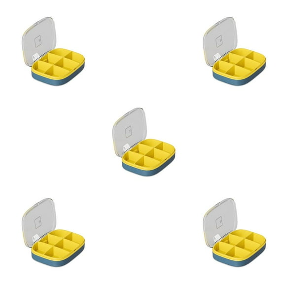 Injueey Caja de pastillas Contenedores de viaje portátiles Dispensador de almacenamiento de tabletas Diseño de compartimento Sello Ranura en forma de U azul oscuro seis celdas 5piezas Injueey CBP192303