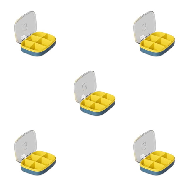 Injueey Caja de pastillas Contenedores de viaje portátiles Dispensador de almacenamiento de tabletas Diseño de compartimento Sello Ranura en forma de U azul oscuro seis celdas 5piezas Injueey CBP192303