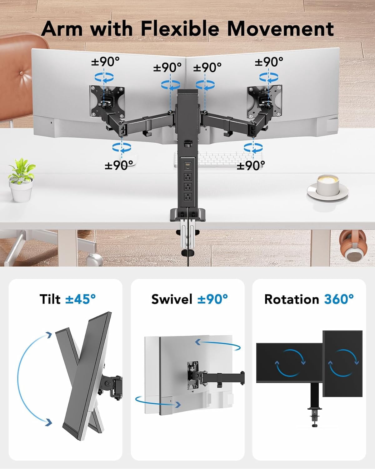 Dual Monitor Stand with Power Outlet, Full Motion Double Monitor Mount for 13-32 Inch Screens