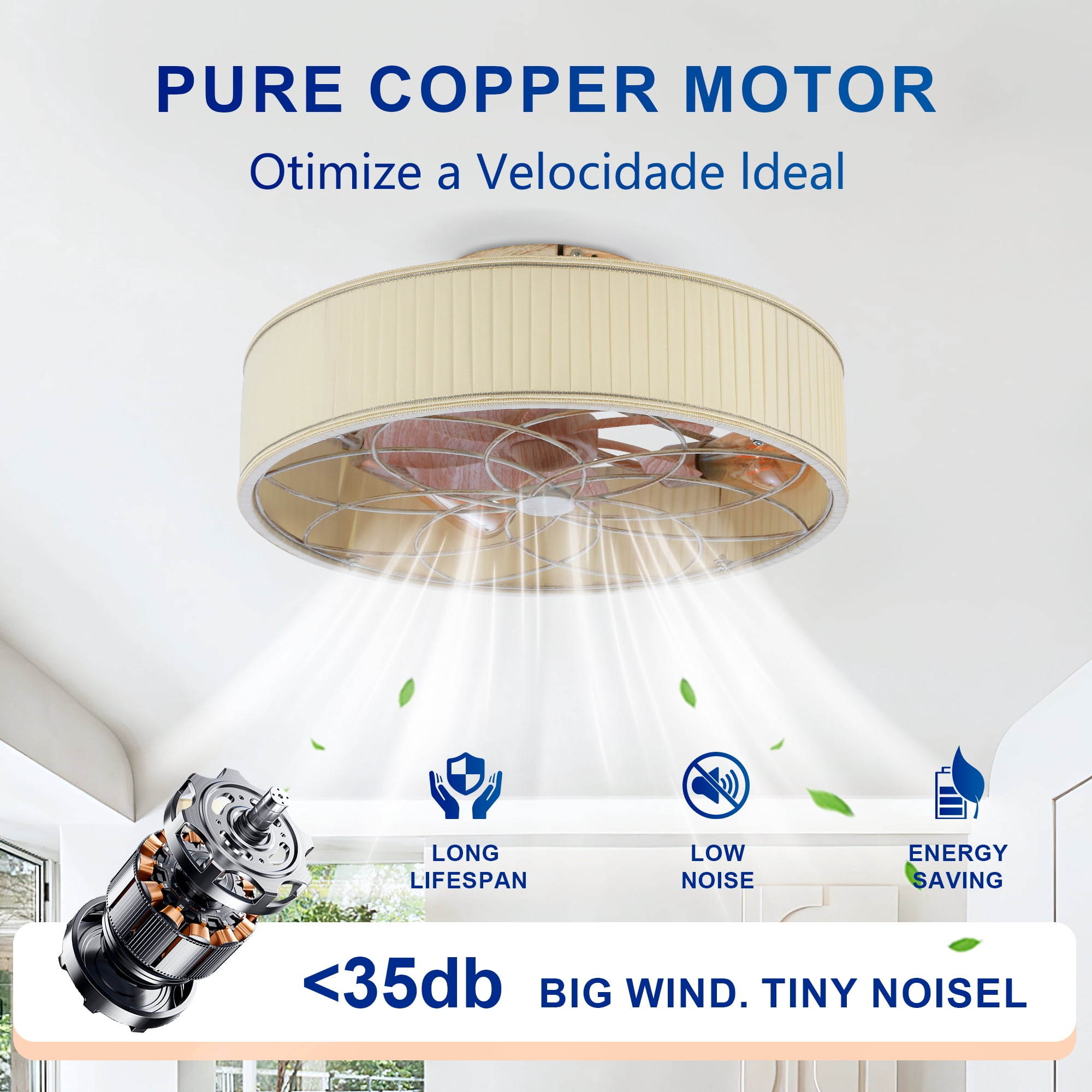 Leumius 20" Fabric Farmhouse Ceiling Fan with Light and Remote Control,Low Profile Modern Enclosed Ceiling Fans with Reversible Motor for Living Room,Bedroom,Kitchen White (NOT Included Bulbs)
