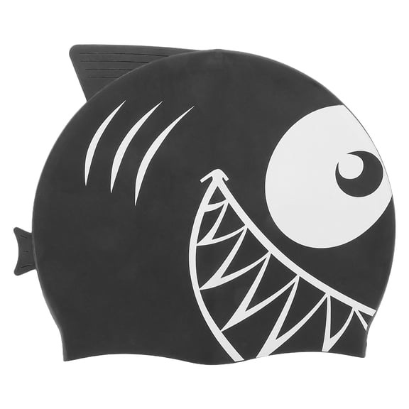 OFFIGAM Silicone Swim Cap Shark Design Black Soft Waterproof Bathing Hat with Ear Protection for Pool