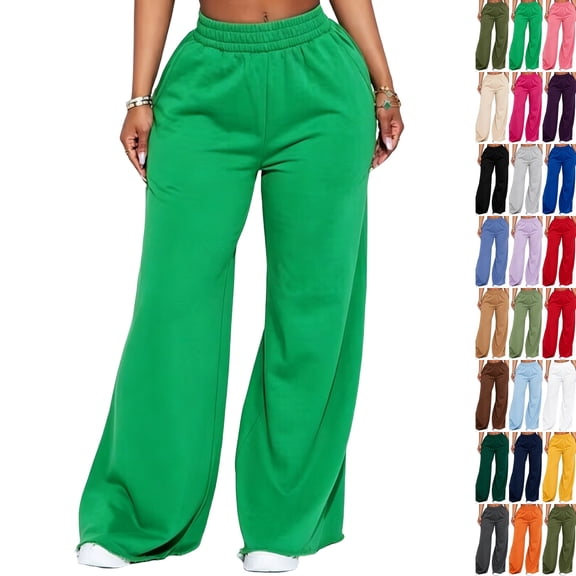 Women Casual Lounge Sweat Pants High Waist Elastic Waistband Loose Fit Pants Straight Leg Full Length Streetwear Bottoms Green M