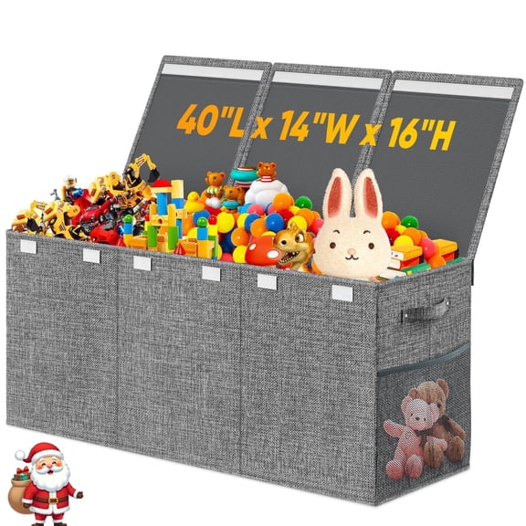 Extra Large Toy Box, Collapsible Sturdy Kids Toy Storage Storage Box with 2 Side bags and Removable Lids, 40"X14"X16"๏ผlarge Toy Chest for Boys, Girls, Nursery, Living Room, Playroom,Gray