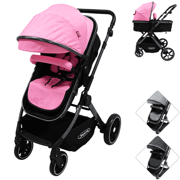 Carriola para Bebé  Asiento Reversible Convertible a Bambineto Plegable Ruedas de Goma Cinturón Apta a partir de 0 Meses - Rosa