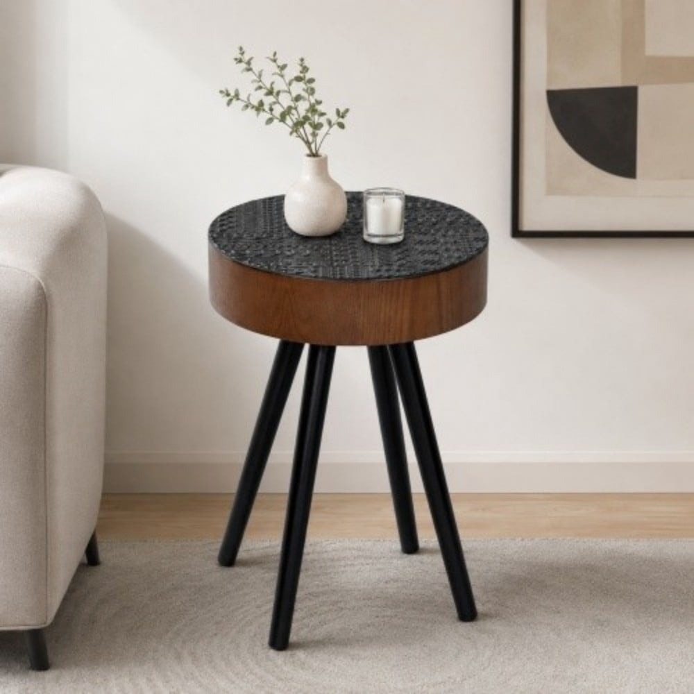 15.7" Round Drink Table, Small Wooden Side Table with Solid Wood Legs, Mid-Century Modern Accent Table for Living Room, Bedroom, Sofa, Black & Brown
