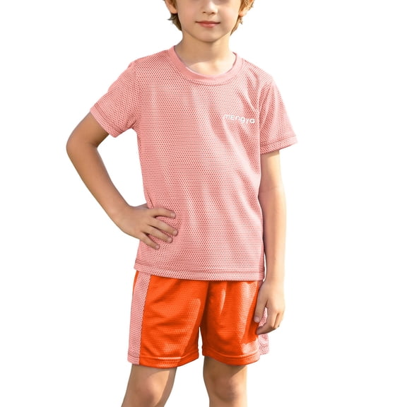 Freshbabe Boys Girls 2 Piece Activewear Set, Short Sleeve Crew Neck Tee and Color Block Shorts, Quick Dry Summer Sportswear, 2-13T
