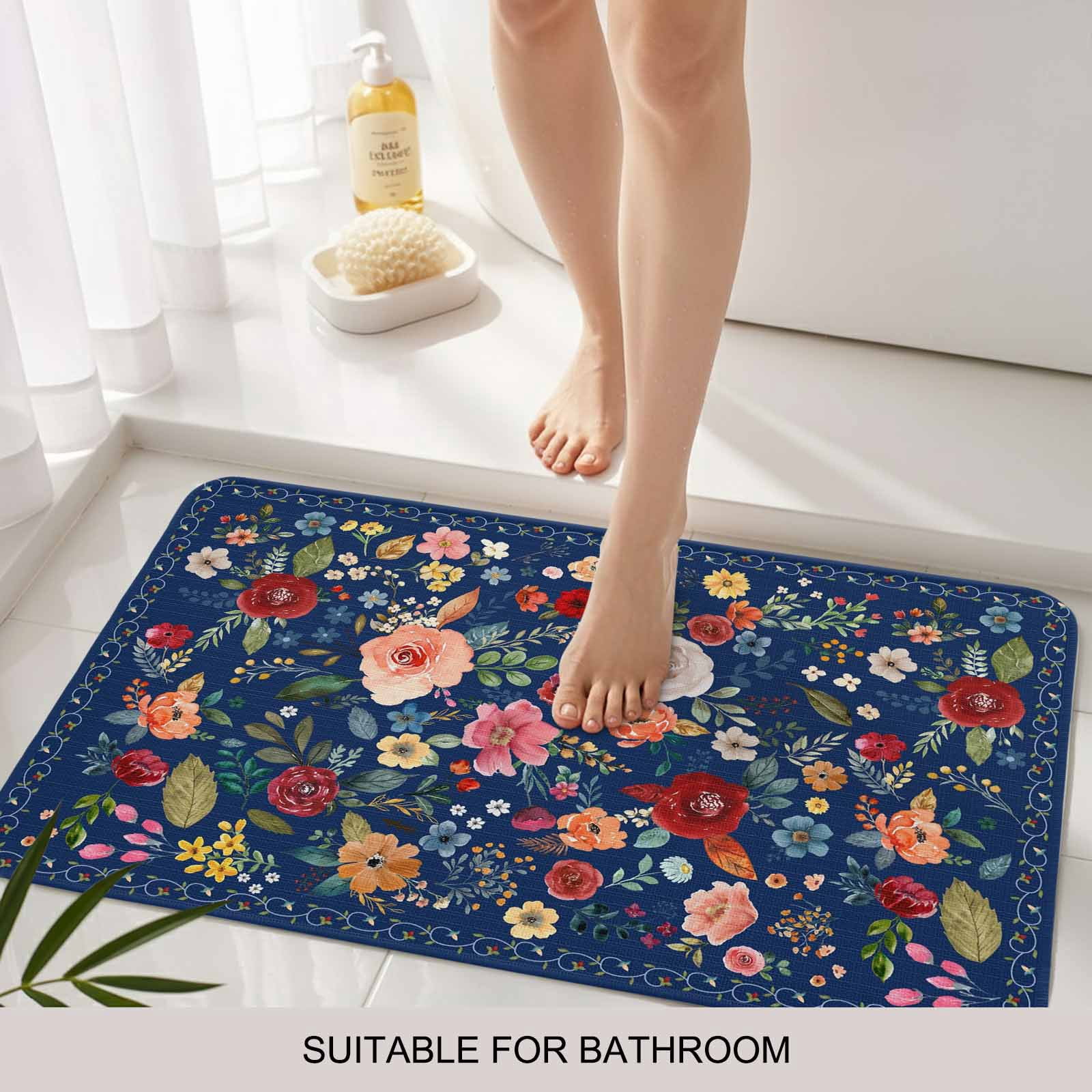 Navy Blue Flowers Doormat Outdoor Entrance 16"x24", Spring Vintage Floral Leaves Farmhouse Absorb Moisture Dirt Door Mats, Non-Slip Rubber Backing Floor Mats Indoor, Low-Profile Front Door Rugs