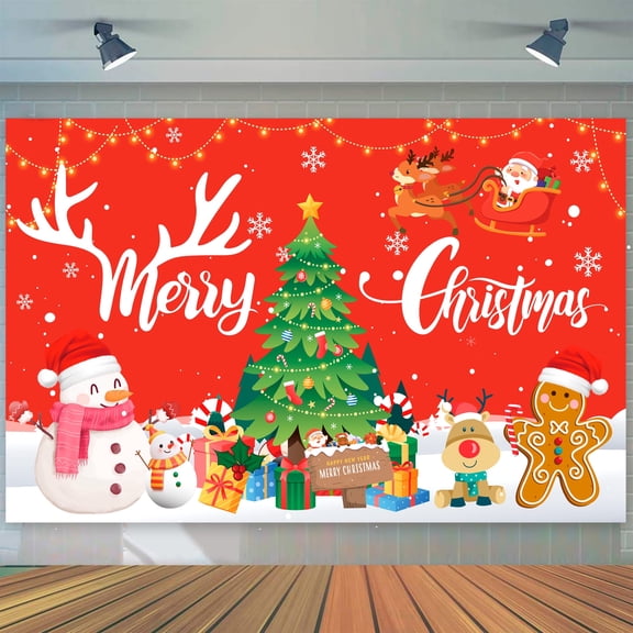 71x43 Inch Merry Christmas Party Backdrop - Festive Xmas Banner with Santa/Tree/Snowman Patterns, Reusable Photography Background for Indoor Outdoor Holiday Decorations