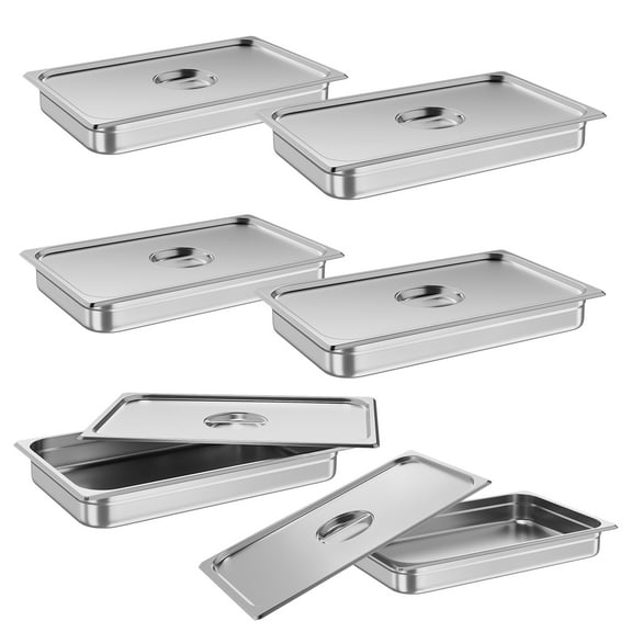 EastVita Set of 6 Hotel Pan,Steam Table Pan,21x13 Inch Anti Jam Stainless Steel Commercial Steamer Pan with Cover,2.5" Deep