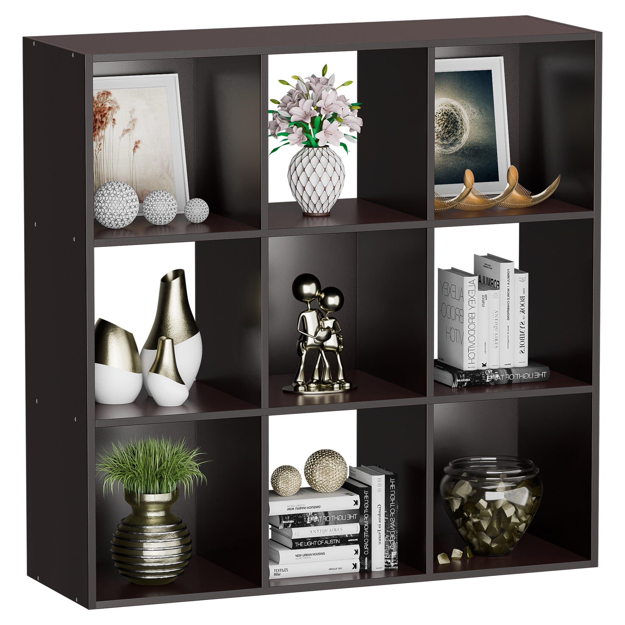 HomGarden 3-Tier 9 Cube Storage Organizer, Wood Bookcase Cabinet Bookshelf Espresso