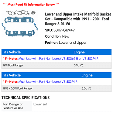 Lower Engine Gasket Set For 91-01 Ford Probe Aerostar Ranger Windstar Mazda Mercury 3.0L
