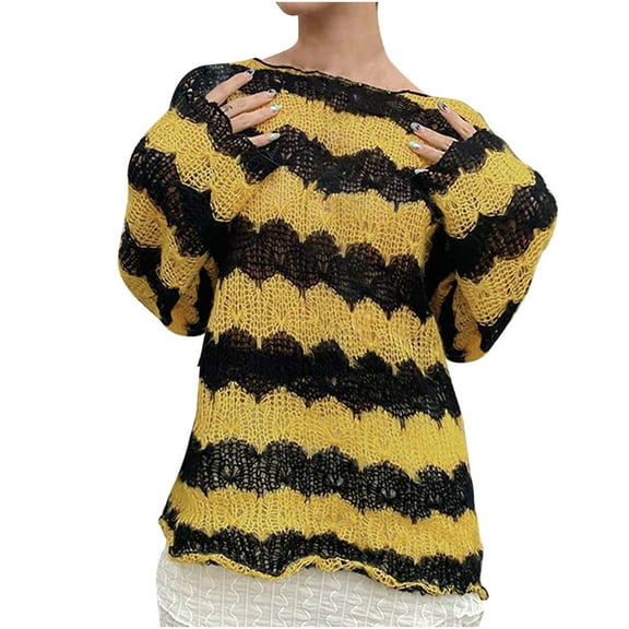 Odeerbi Sweaters For Women Fall Winter Sweaters Bee Color Matching 2025 New Ruffle Edge Contrast Color Loose Outer Wear Pullover Knitted Top Yellow