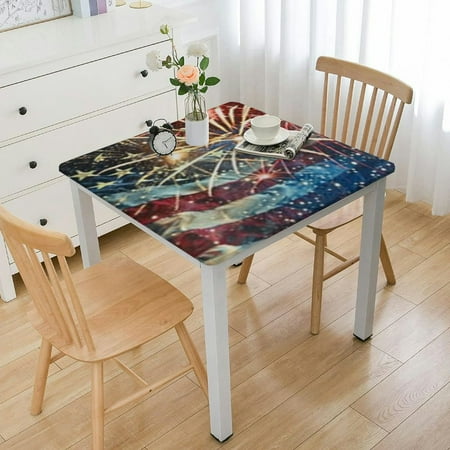

nygtbtfer 4Th Of July American Flag Square Tablecloth with Elastic Edge Patriotic USA Flag Fitted Table Cloth Waterproof Wipeable Square Table Cover for Dining Kitchen Party Patio Table 52*52