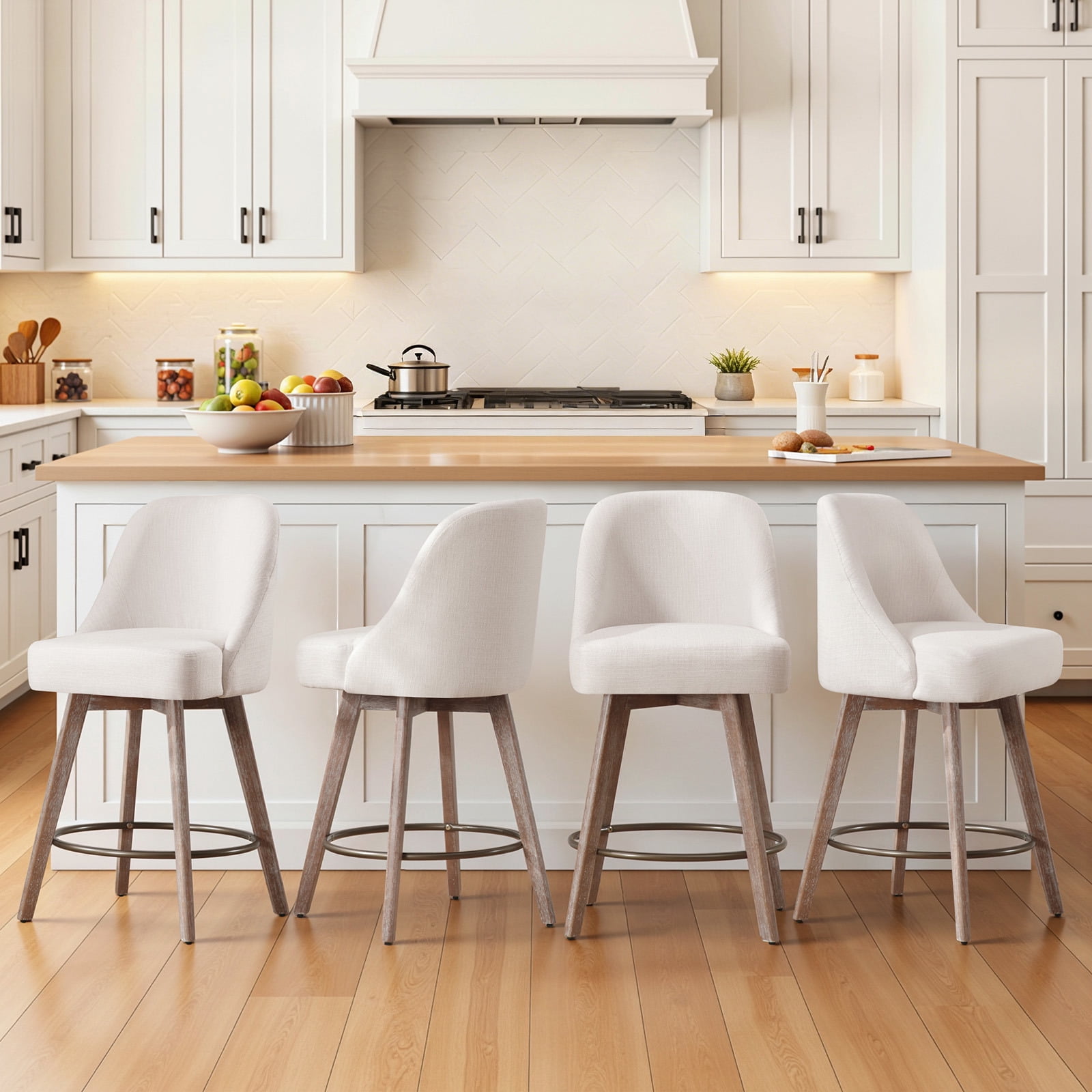 WOOW DEPOT 26" Swivel Bar Stools Large Seat Set of 2, Upholstered Linen Fabric w/ Mid-Back Wood Legs, Modern Armless Island Counter Barstools Kitchen Pub Chair, Off White