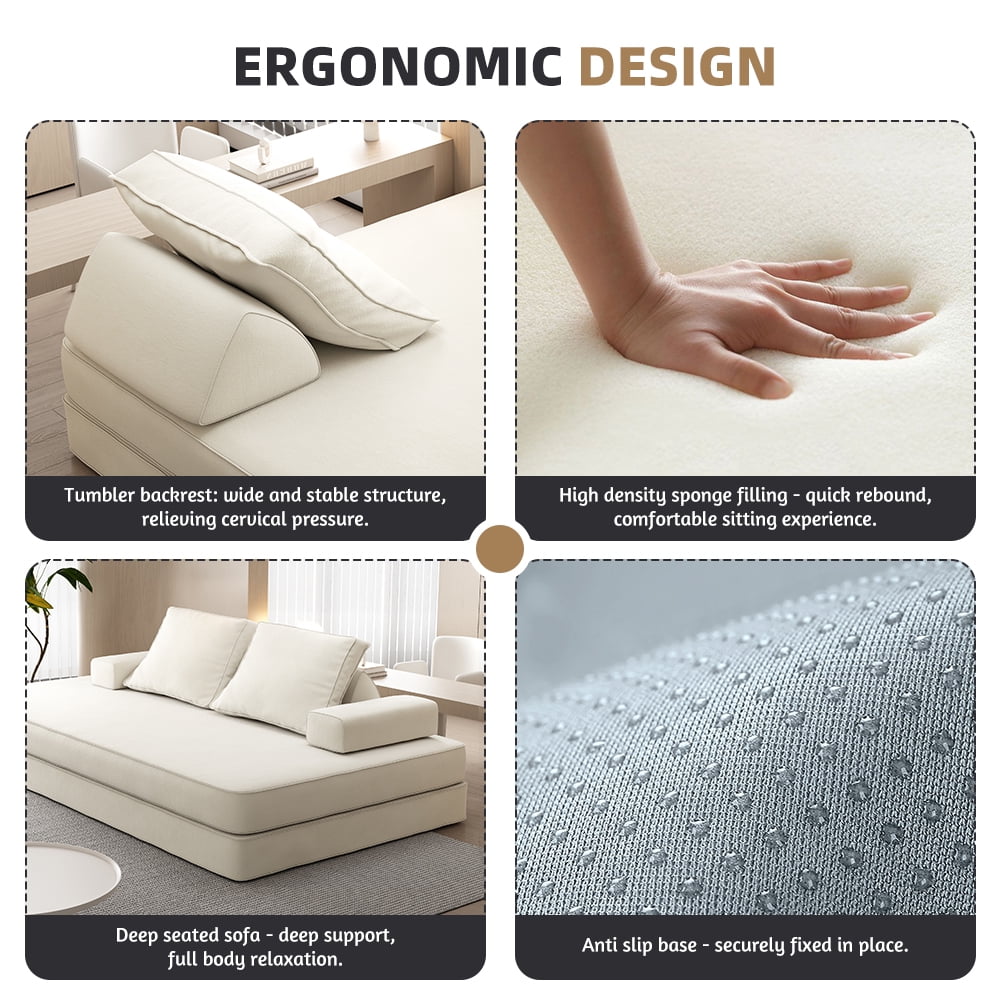 Miniyam Convertible Modular Floor Sofa Bed, Chenille Floor Couch with Backrest for Living Room, Beige