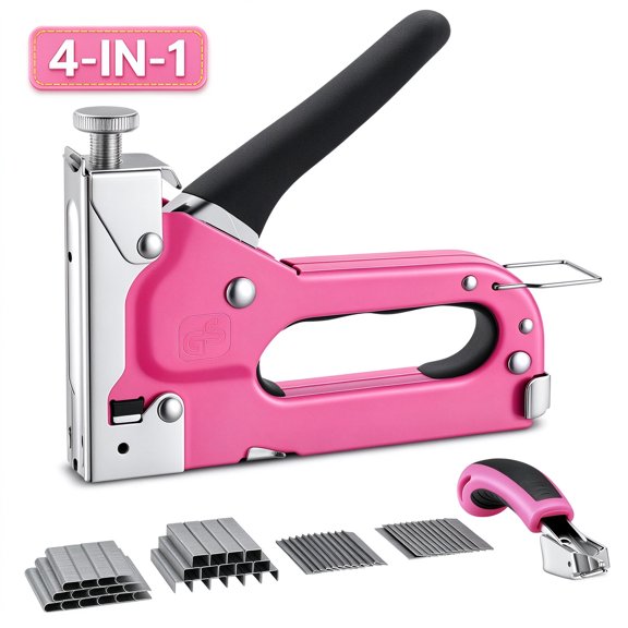 SPEEDWOW 4-in-1 Stapler Gun, Heavy Duty Staple Gun with 4000 Staples, Manual Brad Nailer Power Adjustment Stapler Gun for Wood, Crafts, Carpentry, and DIY-Pink