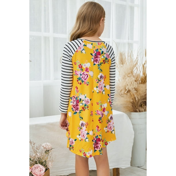 ABPHQTO Vestido corto de manga rayada floral amarillo Spring Fling para mujer para niños