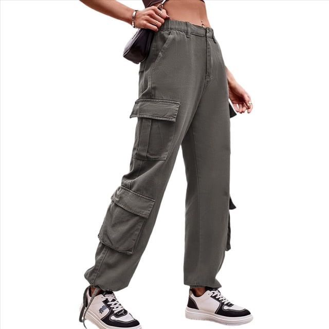Pantalones Cargo para Mujer, Cintura Alta, Pierna , Holgados, Estilo Y2K, con 8 Bolsillos Gris L