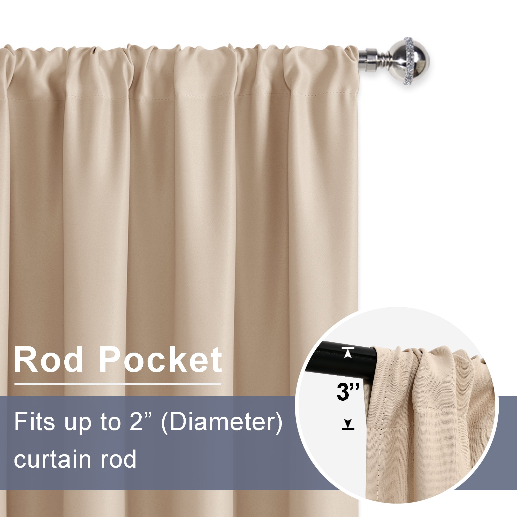 JIUZHEN Blackout Curtains for Bedroom - Thermal Insulated Room Darkening Rod Pocket Curtains for Living Room, Set of 2 Panels with Tiebacks, 42 x 54 inches Long, Beige