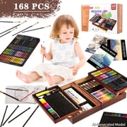 KINSPORY 168Pcs Drawing Painting Set, Deluxe Wooden Art Set Crafts Coloring Book, Sketch Pad, Gift for Artist Beginners Kids Girls Boys (Brown)
