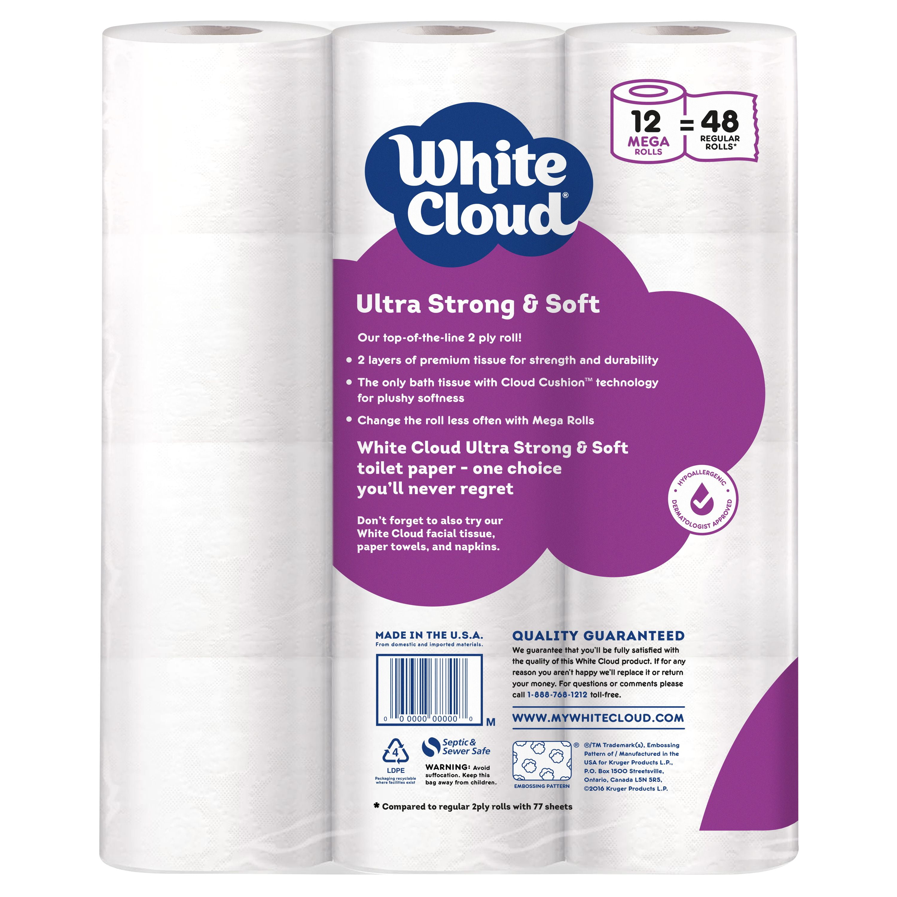 White Cloud Ultra Strong & Soft Toilet Paper, 12 Mega Rolls, Purple