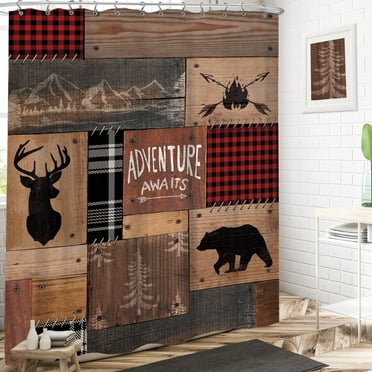 Retro Cabin Shower Curtain 70Wx70H Inches Rustic Adventure Bear Deer Hunting Wildlife Wild Animal Plaid Check Lodge Farmhouse Western Country Bathroom Home Decor Set 12 Pack Plastic Hooks