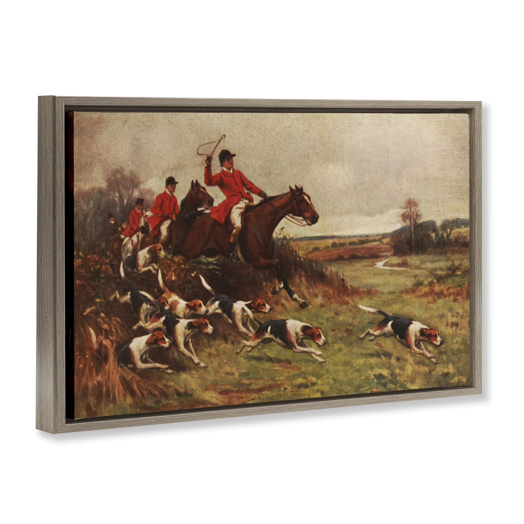 Stupell Industries Hunting Dogs in Countryside People Painting Brown Floater Framed Canvas Art Print Wall Art, 31 x 21
