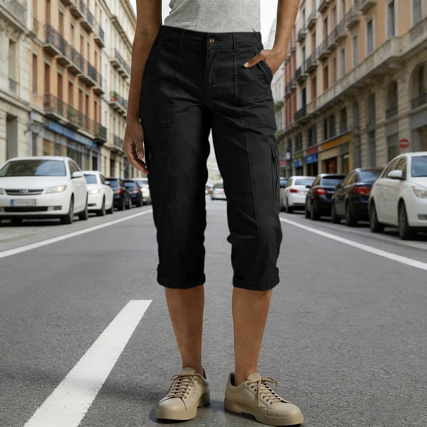 TaTaai Women's 7/8 Length Cargo Pants Straight Leg Casual Trousers with Elastic Waist and Side Pockets Solid Color for Work Utility and Everyday Activities Gift