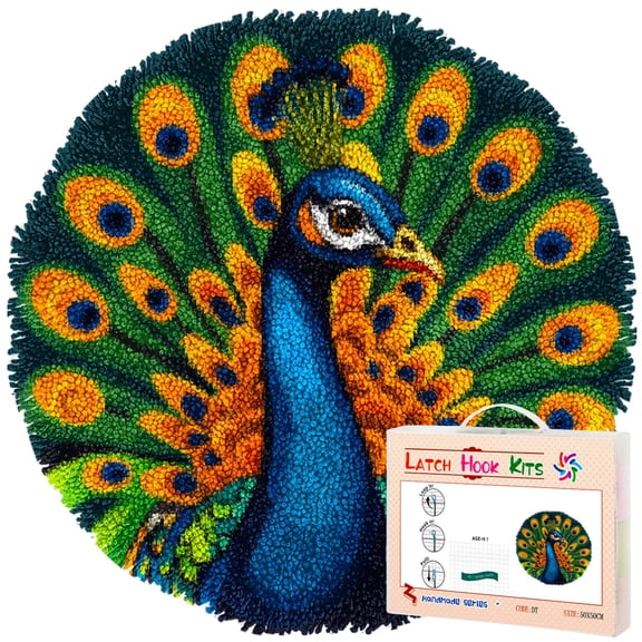 Latch Hook Rug Kit Peacock Stamped Handmade Round Shape Carpet Crochet Yarn Craft DIY Hook and Latch Door Mat Tapestry for Christmas Home Floor Decor 50x50cm(4)