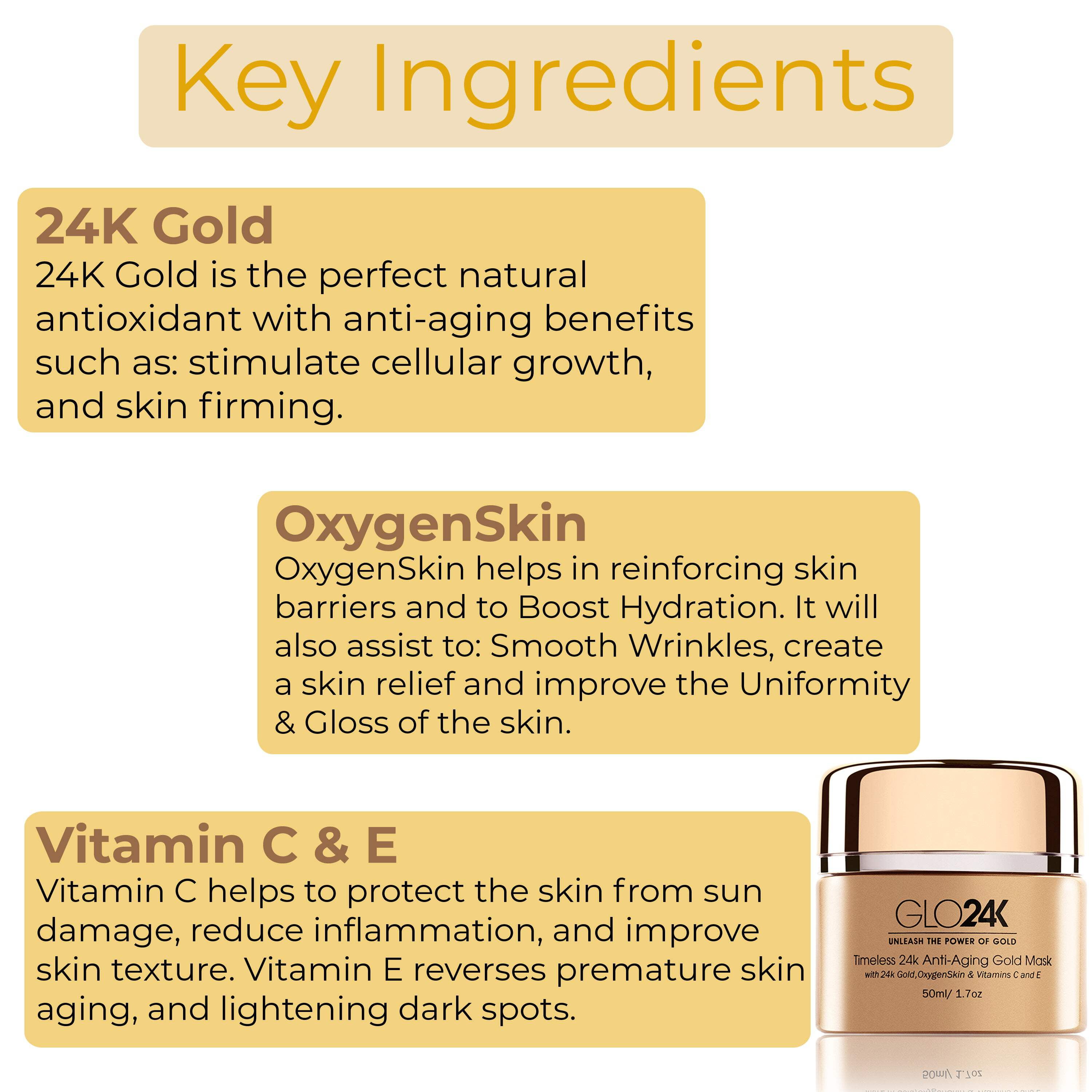 GLO24K Timeless 24k Anti-Aging Gold Mask with 24k Gold,OxygenSkin & Vitamins C and E