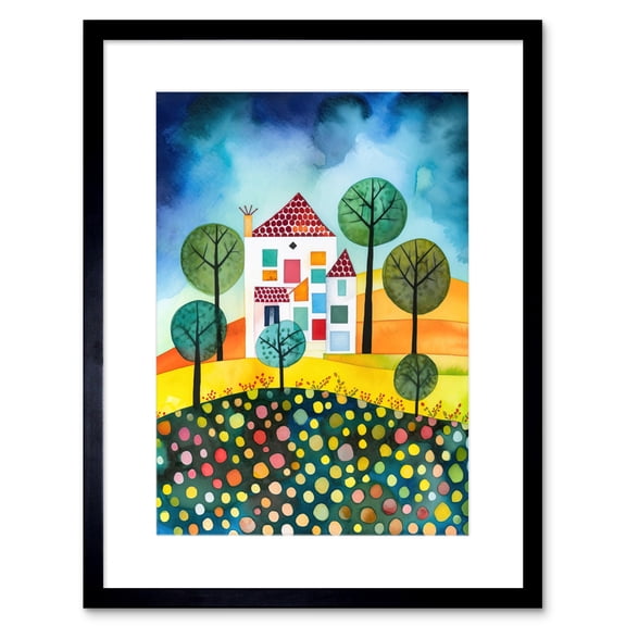 Abstract House And Garden Folk Art Artwork Framed Print Wall Art 9X7 Inch