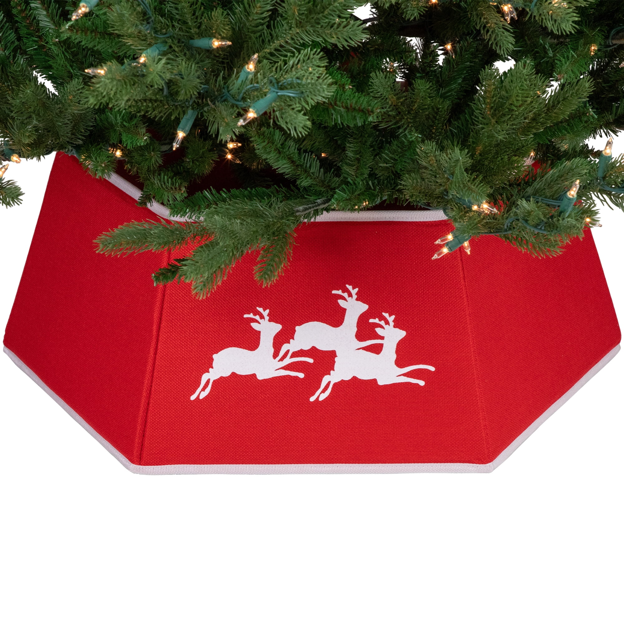Northlight 26" Red Burlap with Reindeer Hexagonal Christmas Tree Collar