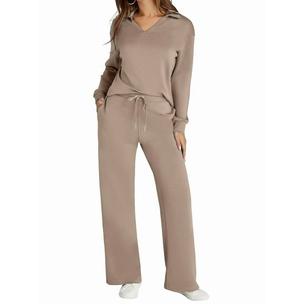Conjuntos de Dos Piezas para Mujer, Cuello en V, Conjuntos Casuales A Juego, Ropa de Estar por Casa, Ropa de Otoño, Conjuntos de Viaje, Moda Marrón M