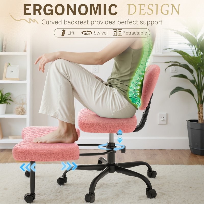 Homall Ergonomic Cross Legged Chair,360°Swivel Wheels, Height Adjustable Ergonomic Kneeling Desk Chairs for ADHD,Meditation ,Yoga and Home Office with Strong Lumbar Support,Teddy Fabric,Pink