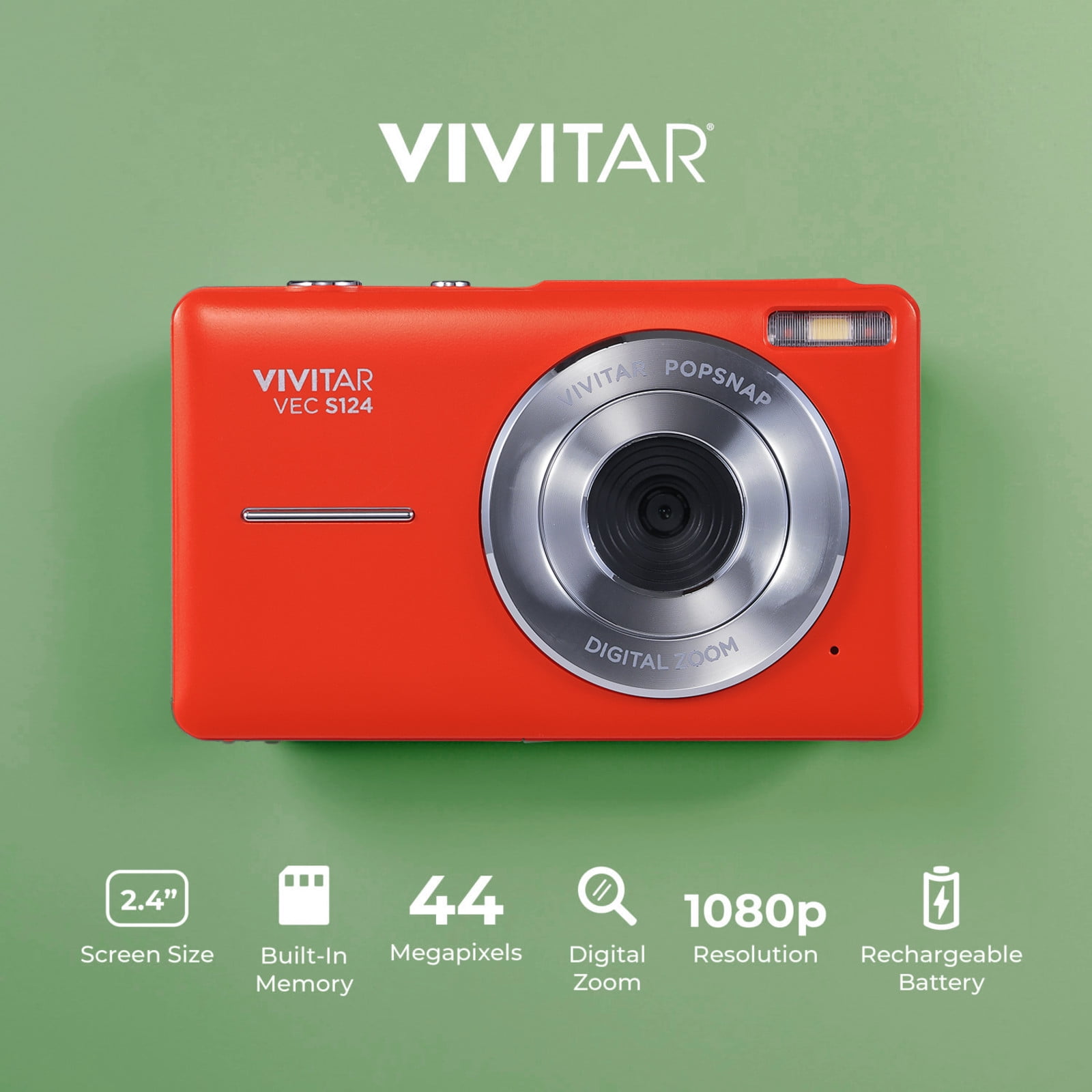 Vivitar Popsnap Compact Digital Camera, Orange, 16X Zoom, 1080p, Built-in Flash, Micro SD, Slim Lightweight Pocket Design