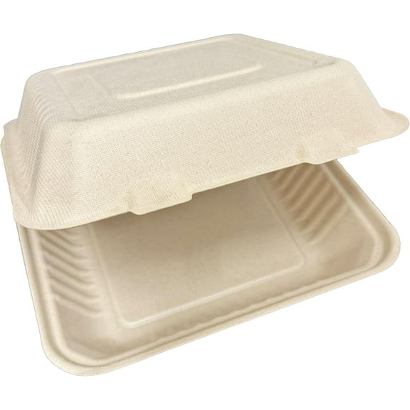9 x 9 inch Bagasse 1-Compartment Disposable Hinged Containers 200 Pack Sugarcane Biodegradable Take out Bento Box (Natural)