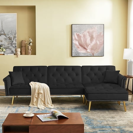 CoSoTower Modern Velvet Upholstered Reversible Sectional Sofa Bed , L-Shaped Couch with Movable Ottoman and Nailhead Trim For Living Room. (Black)