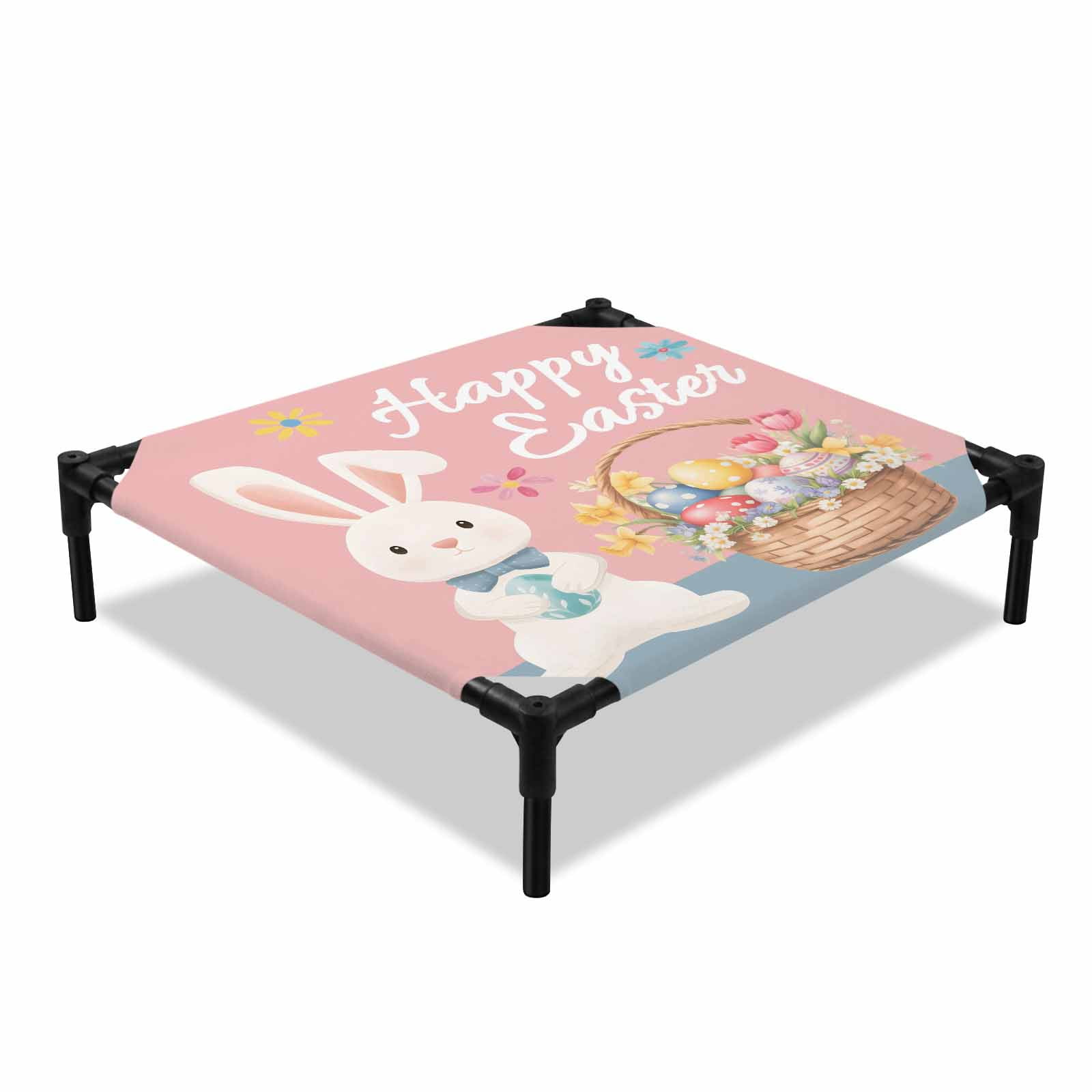 Happy Easter Elevated Dog Bed Spring Rabbit Basket Floral Eggs Pink Blue Cooling Breathable Outdoor Raised Dog Cot Bed with Metal Frame Non-Slip Feet for Small Dog 20x20in