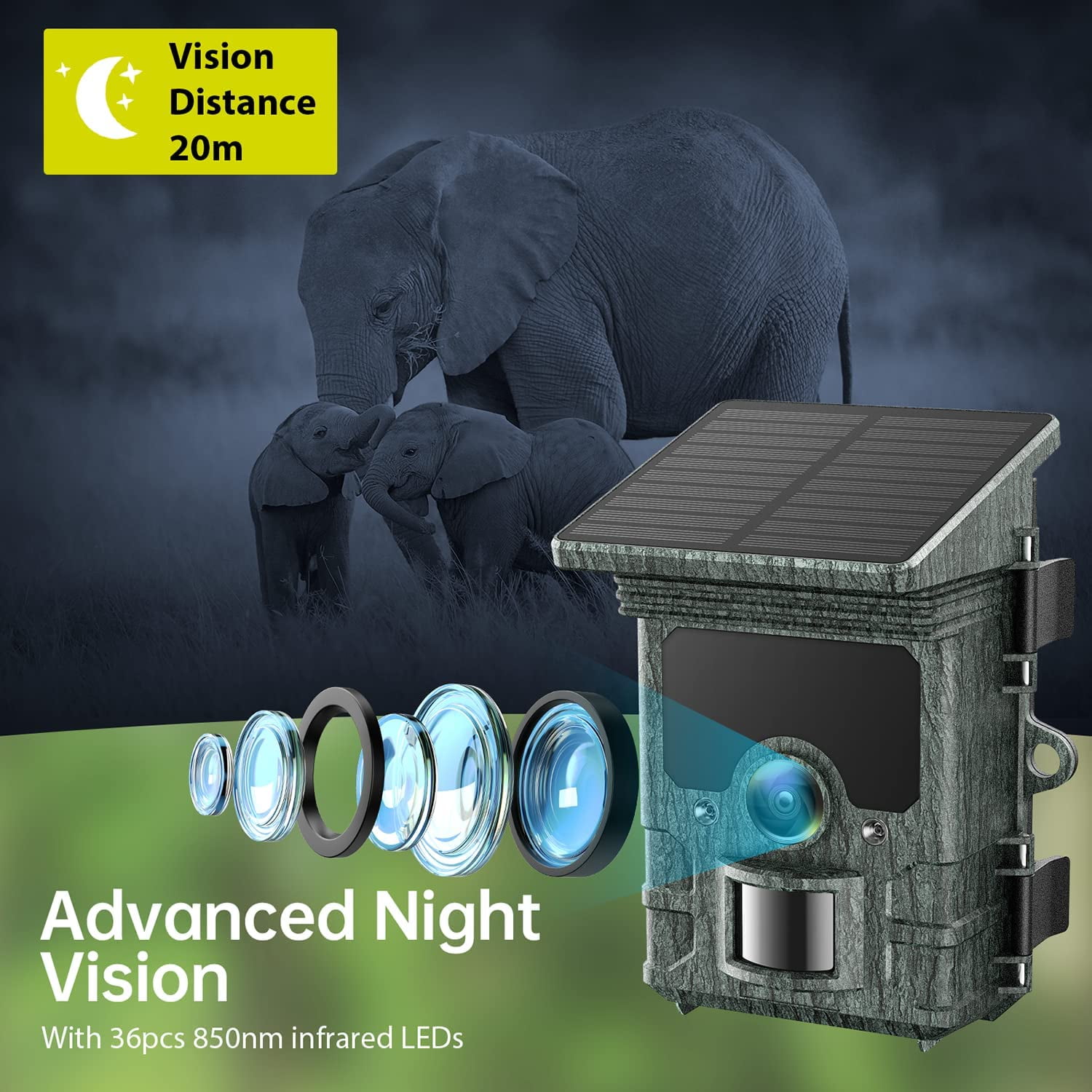 CAMPARK Solar Trail Camera 4K 46MP WiFi Bluetooth Game Hunting Cameras with 850nm Low-glow Night Vision Motion Activated IP66 Waterproof Wildlife Cam for Wildlife Monitoring