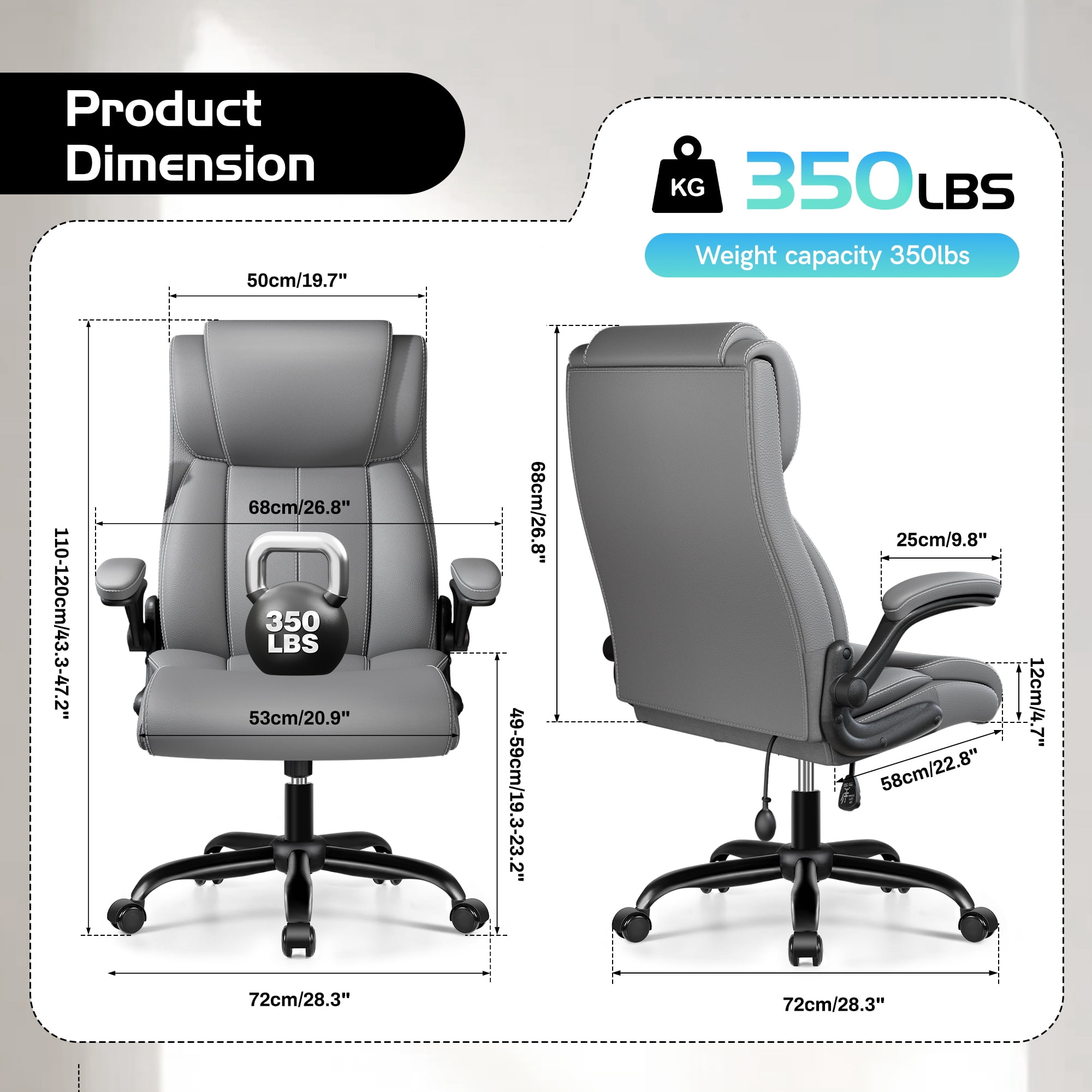 COOLHUT Big and Tall Office Chair 350LBS, Comfy Heavy Duty Executive Desk Chair with Adjustable Lumbar Support, Higth Back Computer Home Office Chair with Padded Flip -up Arms, Light Gray