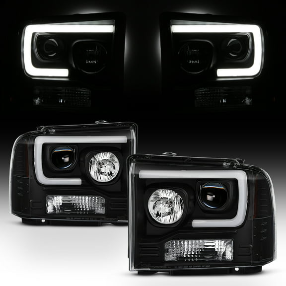 AKKON - For 2005-2007 Ford Pickup F250 F350 F450 Superduty Black LED Tube Projector Headlights Left Right Pair