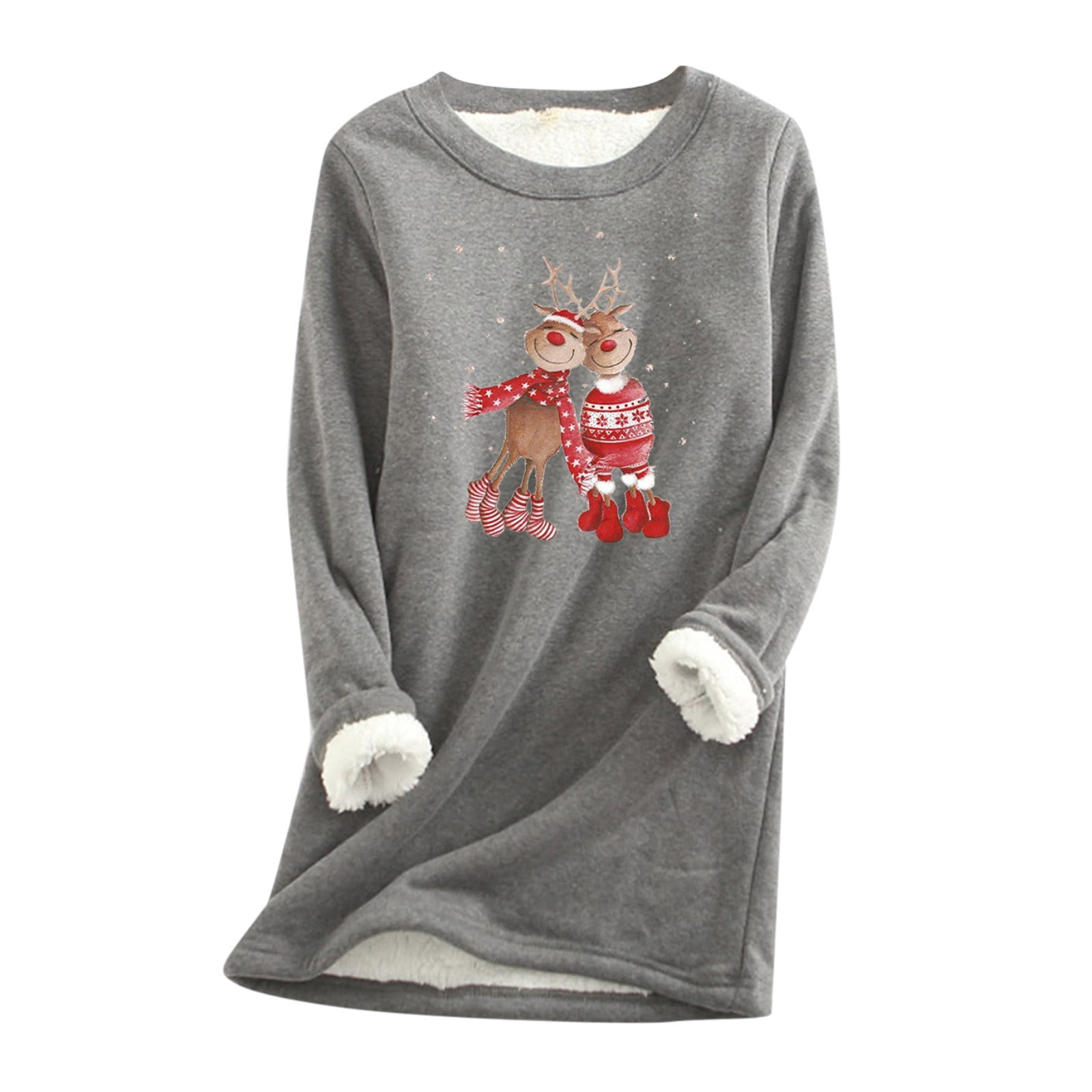Christmas Crewneck Sweatshirt for Women Cute Print Long Sleeve Pullover Dress Thickened Plus Velvet Lamb Wool Warm Blouse