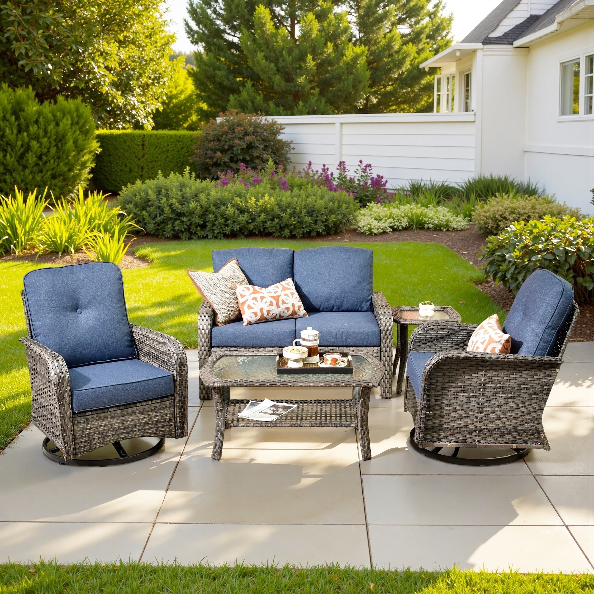 Ovios 5 Pieces Outdoor Patio Furniture Set High Back All Weather Wicker Conversation Set with Swivel Chairs & Coffee Table, Denim Blue