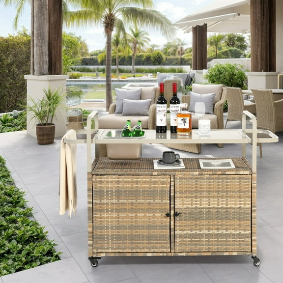 Outdoor Bar Table, Wicker Bar Cart with Cabinet & Lockable Wheels, Patio Serving Cart with Steel Top, Ice Bucket, for Garden, Poolside & Backyard, Beige