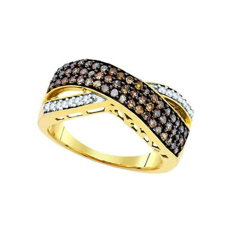 - 10kt Yellow Gold Womens Round Cognac-brown Color Enhanced Diamond Crossover Band Ring 3/4 Cttw